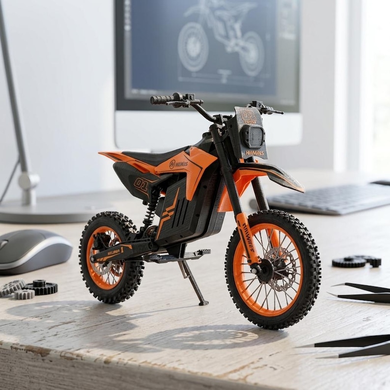 May include: An orange and black toy dirt bike with the number 01 on the side. The bike has a headlight, handlebars, and knobby tires. The word "Himiway" is printed on the front. The bike is on a wooden desk.