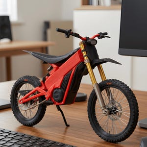 Könnte beinhalten: Ein rotes und schwarzes Elektro-Dirtbike-Spielzeug mit goldfarbenen Vorderradgabeln und schwarzen Reifen. Das Spielzeugmotorrad hat einen schwarzen Sitz und Lenker. Die Reifen haben den Text "CST" auf den Seitenwänden. Das Spielzeug steht auf einer Holzoberfläche.
