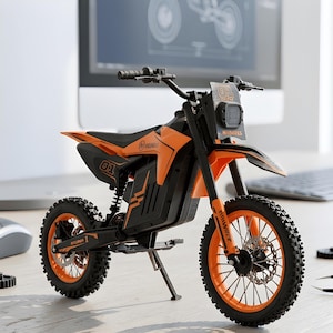 May include: A miniature orange and black dirt bike model. The toy motorcycle has a black frame, orange accents, and knobby tires. The text "01" is visible on the side, and "HIMINS" is printed on the front. The bike is on a light-colored surface.