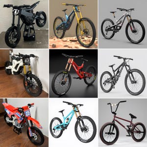 Könnte beinhalten: Eine Sammlung verschiedener Fahrräder und Motorräder, darunter Mountainbikes, BMX-Räder und Dirtbikes. Die Fahrräder sind in verschiedenen Farben erhältlich, wie z. B. Rot, Schwarz, Blau und Gelb. Einige Fahrräder haben Federungssysteme und große Reifen.