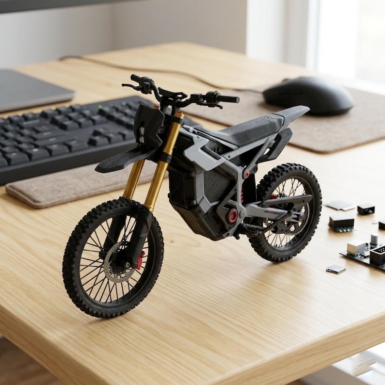 May include: A detailed model of a black, grey, and gold dirt bike. The motorcycle features knobbly tyres, a black seat, and gold front forks. The model is displayed on a light-coloured wooden surface.