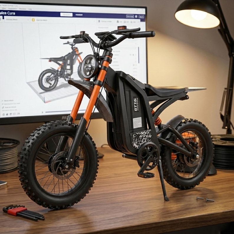 K&ouml;nnte beinhalten: Schwarzes und oranges Elektro-Dirtbike mit dicken Reifen, einem Scheinwerfer und einem schwarzen Sitz. Das Fahrrad hat orangefarbene Vorderradgabeln und einen schwarzen Rahmen. Ein Computerbildschirm im Hintergrund zeigt ein 3D-Modell des Fahrrads.
