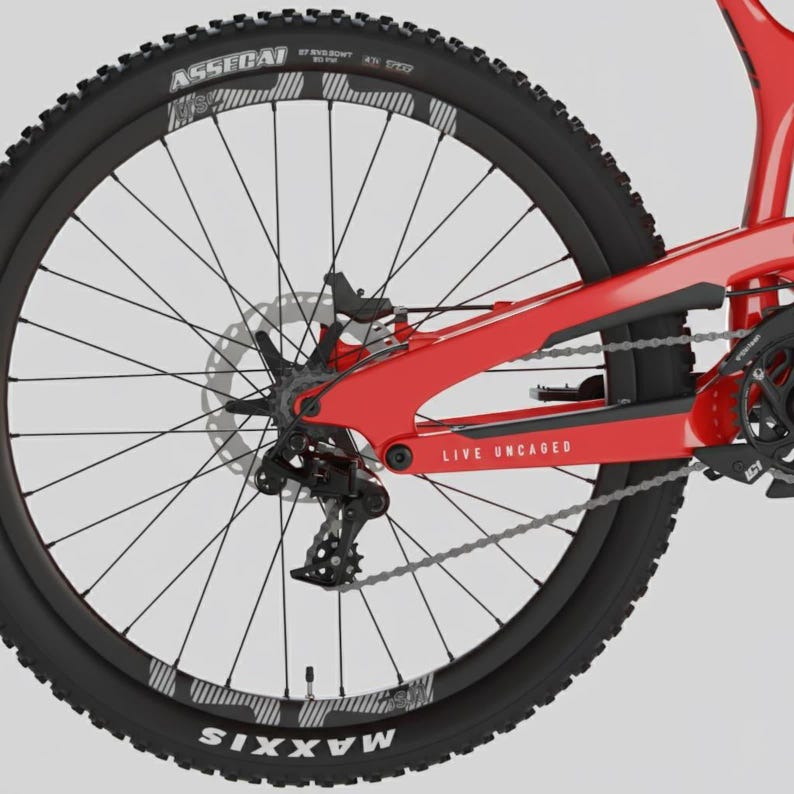 May include: Close-up of a red mountain bike frame and rear wheel. The black tire has white lettering and a knobby tread. The frame has the words "LIVE UNCAGED" printed on it. The wheel has silver spokes and a disc brake.