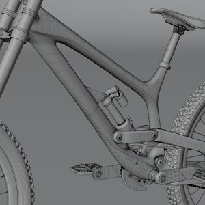 May include: A detailed wireframe rendering of a mountain bike, showcasing its frame, suspension, and wheels. The image highlights the bike's design, including the seat, pedals, and shock absorber. The tires have a knobby tread pattern.