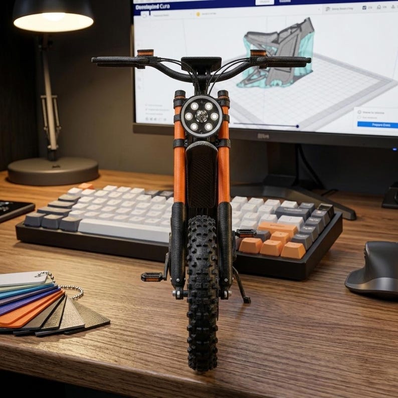 K&ouml;nnte beinhalten: Ein Miniaturmodell eines orangefarbenen und schwarzen Motorrads mit rundem Scheinwerfer, schwarzen Reifen und Lenker. Das Modell steht auf einem Holzschreibtisch mit Tastatur, einem Computermonitor mit 3D-Design und Farbmuster.