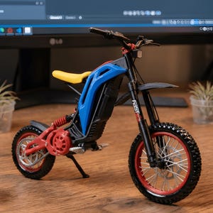 Könnte beinhalten: Ein Miniatur-Spielzeugmotorrad mit schwarzem Rahmen, blauen und gelben Akzenten und roten Rädern. Die Reifen haben ein Stollenprofil. Die Worte "FAST" sind auf der Seite aufgedruckt. Das Motorrad steht auf einer Holzoberfläche.