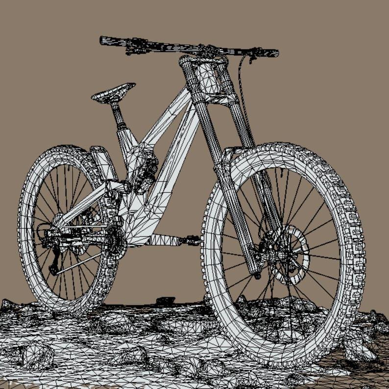 Puede incluir: Representaci&oacute;n en estructura al&aacute;mbrica de una bicicleta de monta&ntilde;a, mostrando sus componentes como el manillar, el sill&iacute;n, las ruedas y el sistema de suspensi&oacute;n. La bicicleta est&aacute; sobre terreno rocoso, con un fondo marr&oacute;n neutro.