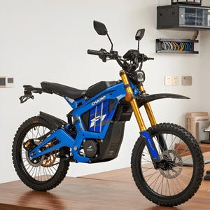 May include: A blue and black electric dirt bike with gold suspension forks. The bike has the word "CHAMP" printed on the frame and a black seat. The tires are knobby for off-road use. The bike is designed for outdoor adventures.