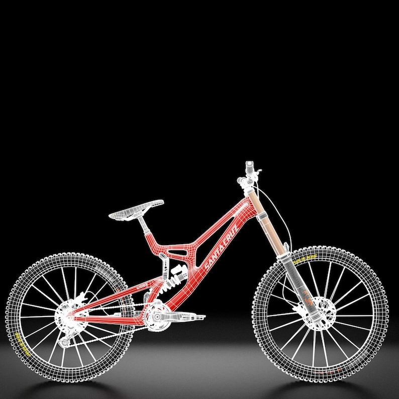 May include: A red Santa Cruz mountain bike featuring a white wireframe mesh overlay on the frame, wheels, and components. The bicycle includes a full suspension system, knobby tires, and a seat, presented against a solid black background.