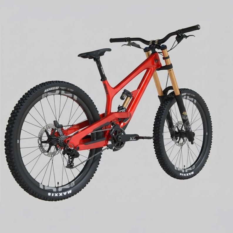 May include: A red mountain bike with black tires and a black seat. The bike has gold suspension forks and black handlebars. The tires have the brand name "Maxxis" on them.