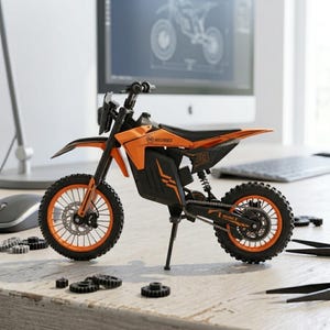 May include: An orange and black toy motorcycle with the text "HILLIES" and the number "01" on the side. The motorcycle has a black seat, orange wheels, and a kickstand. The background includes a computer monitor and gears.