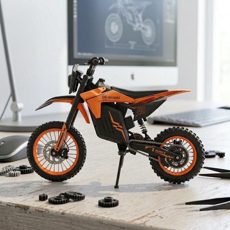 May include: An orange and black toy motorcycle with the text "HILLIES" and the number "01" on the side. The motorcycle has a black seat, orange wheels, and a kickstand. The background includes a computer monitor and gears.