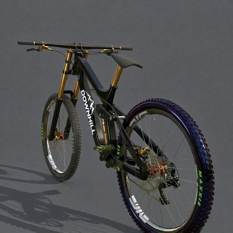 May include: A black and gold downhill mountain bike with the word "DOWNHILL" printed on the frame. The bike has gold handlebars and suspension forks, with black tires and rims. The tires have green lettering and the rims have white lettering.