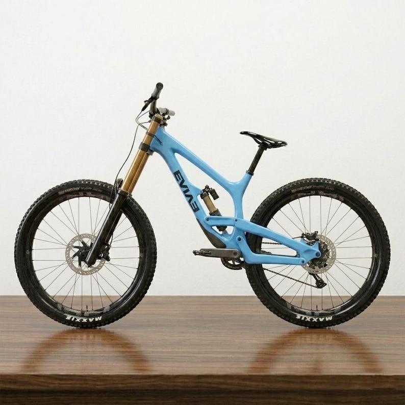 May include: A light blue mountain bike with black tires and gold suspension forks. The bike has the word "EVIAS" printed on the frame. The tires have the word "MAXXIS" printed on them. The bike is on a wooden surface.