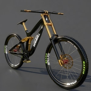 May include: A black and gold downhill mountain bike with the word "DOWN HILL" printed on the frame. The bike has black tires with white and green accents, and gold-colored suspension and handlebars.