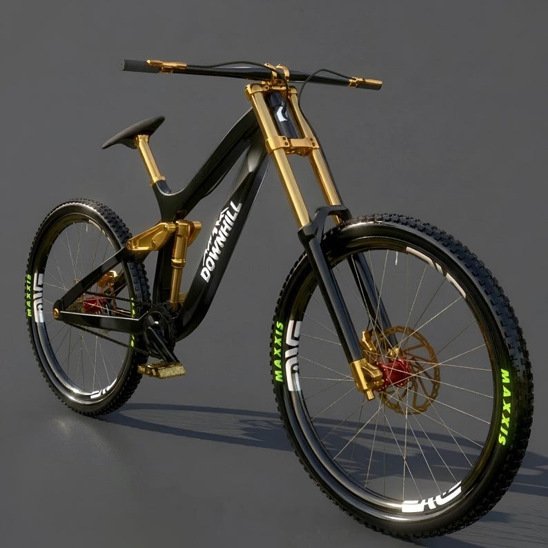 May include: A black and gold downhill mountain bike with the word "DOWN HILL" printed on the frame. The bike has black tires with white and green accents, and gold-colored suspension and handlebars.