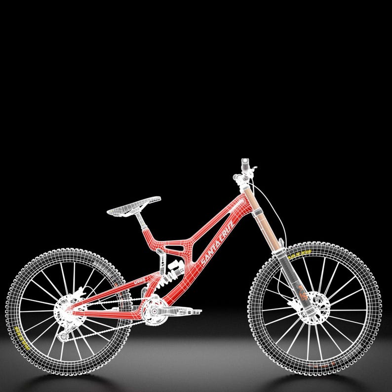 May include: A red mountain bike with a wireframe design. The bike features black tires, a white seat, and the words "SANTA CRUZ" on the frame. The background is black.