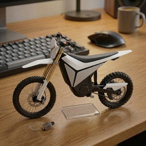 Op de afbeelding: Een witte en zwarte speelgoedmotorcrossmotor met goudkleurige voorvorken. De motor heeft zwarte banden en een zwart zadel. De woorden "V-Volt" zijn zichtbaar op de zijkant. Een kleine, heldere standaard staat voor de motor.