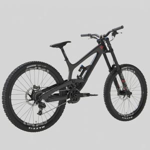 May include: A black mountain bike with thick tires and a suspension system. The bike has a sleek, modern design with a black frame, handlebars, and seat. The wheels have the brand name "Maxxis" on the tires.