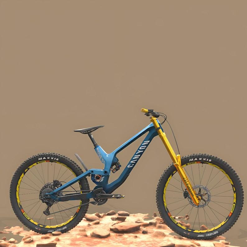 K&ouml;nnte beinhalten: Blau-gelbes Mountainbike mit dem Markennamen "Canyon" auf dem Rahmen. Das Fahrrad hat schwarze Reifen mit gelben Akzenten und ist f&uuml;r unwegsames Gel&auml;nde konzipiert. Das Fahrrad steht vor einem braunen Hintergrund.