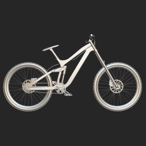 May include: A silver mountain bike with a full suspension system. The bike features disc brakes, knobby tires, and a sleek frame design. The seat and handlebars are also silver, creating a cohesive look. The bike is designed for off-road riding.