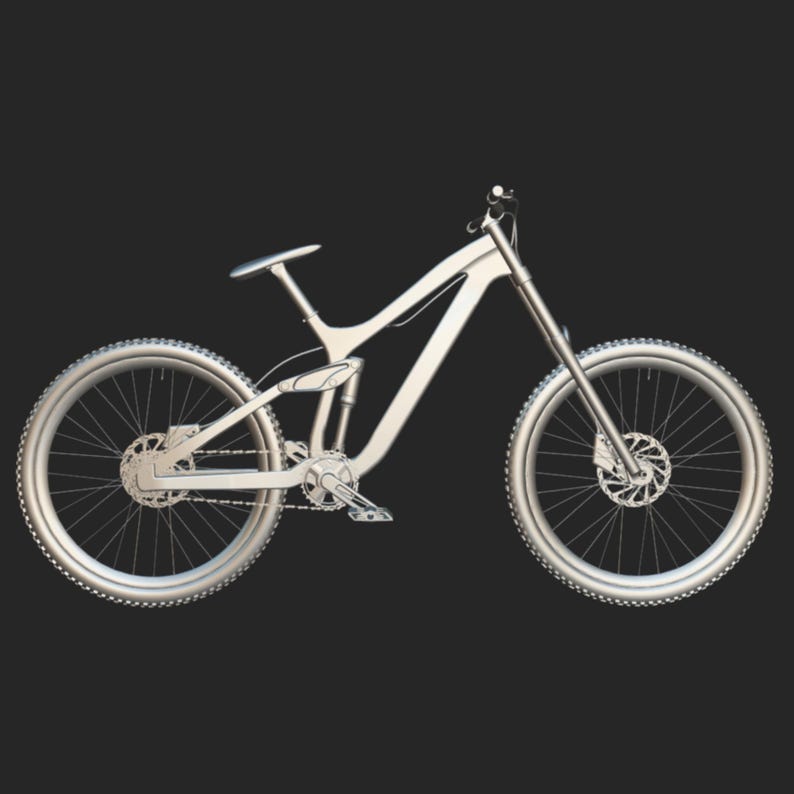May include: A silver mountain bike with a full suspension system. The bike features disc brakes, knobby tires, and a sleek frame design. The seat and handlebars are also silver, creating a cohesive look. The bike is designed for off-road riding.