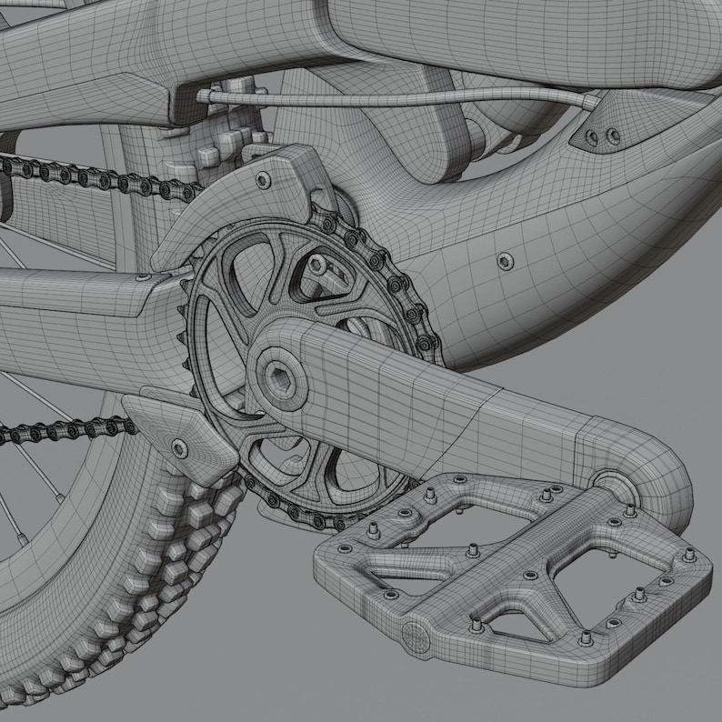 May include: Close-up of a bicycle's rear wheel and drivetrain. The image shows the chain, gears, and pedal in detail. The components are gray and appear to be made of metal. The tire has a textured pattern.