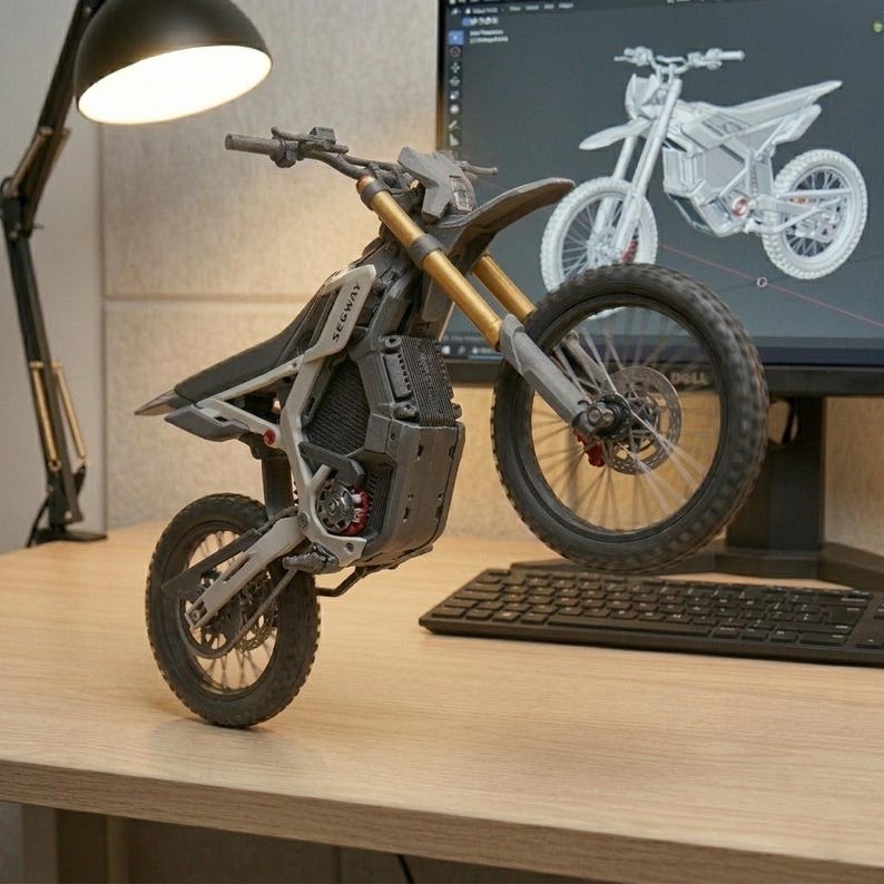 May include: A grey and black Segway dirt bike model with gold suspension forks. The front wheel is raised. The bike is on a wooden desk. A computer monitor displays a 3D model of the bike.
