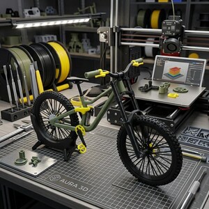 K&ouml;nnte beinhalten: Ein Miniatur-Mountainbike-Modell in Olivgr&uuml;n und Schwarz mit gelben Akzenten an Federung und Lenker. Das Fahrrad steht auf einer Werkbank mit Werkzeugen und einem 3D-Drucker, was auf ein Hobby- oder DIY-Projekt hindeutet. Ein Laptop zeigt ein 3D-Design.