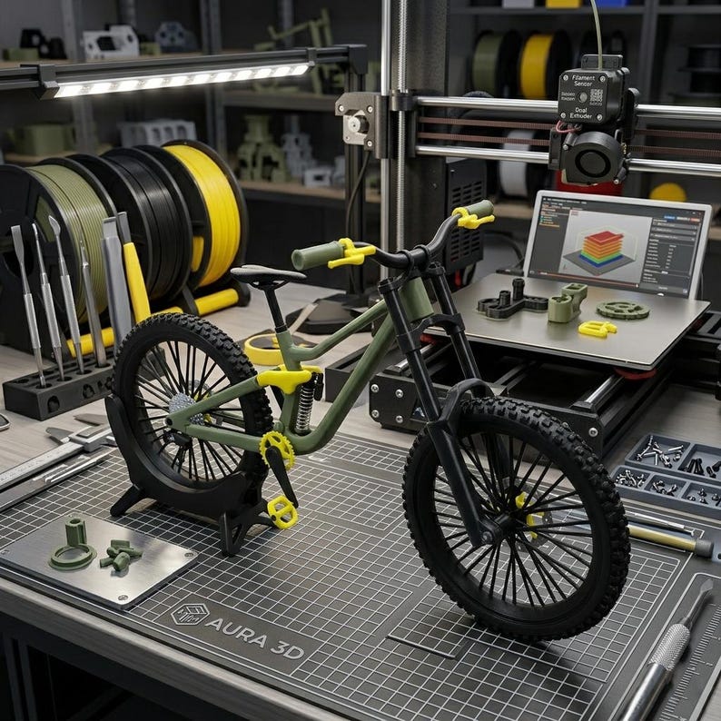 K&ouml;nnte beinhalten: Ein Miniatur-Mountainbike-Modell in Olivgr&uuml;n und Schwarz mit gelben Akzenten an Federung und Lenker. Das Fahrrad steht auf einer Werkbank mit Werkzeugen und einem 3D-Drucker, was auf ein Hobby- oder DIY-Projekt hindeutet. Ein Laptop zeigt ein 3D-Design.