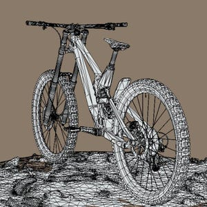 Puede incluir: Representaci&oacute;n en estructura al&aacute;mbrica de una bicicleta de monta&ntilde;a, mostrando sus componentes: manillar, suspensi&oacute;n, asiento y ruedas con neum&aacute;ticos de tacos. La bicicleta est&aacute; sobre una superficie rocosa, con fondo neutro.