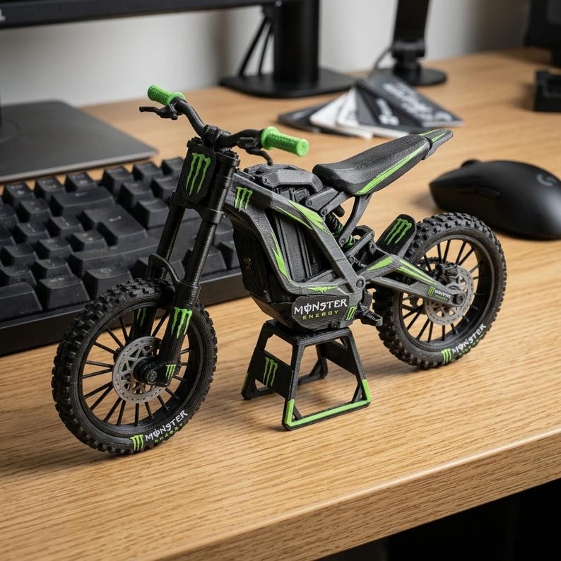 May include: A black and green toy motorcycle with the "Monster Energy" logo. The motorcycle has green handlebars and accents, and is displayed on a small stand. The tires have a knobby tread design.