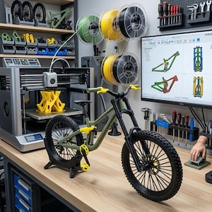Könnte beinhalten: Eine 3D-Druckwerkstatt mit einem Mountainbike-Modell. Das Fahrrad ist olivgrün und schwarz mit gelben Akzenten. Ein 3D-Drucker erstellt ein gelbes Objekt. Filamentrollen in Grün, Gelb und Schwarz sind montiert. Ein Bildschirm zeigt Fahrradrahmendesigns.