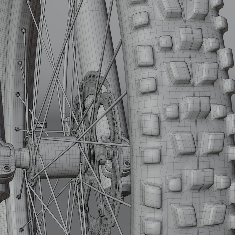 May include: Close-up of a bicycle wheel and tire. The wheel features multiple spokes and a disc brake. The tire has a textured pattern of square blocks, designed for grip. The image is a detailed, technical illustration.