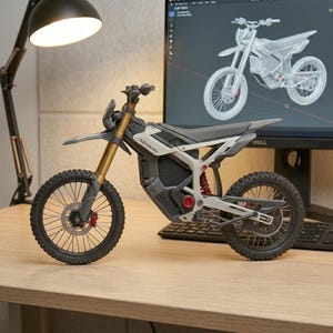 May include: A grey and black Segway dirt bike model with gold suspension forks, red brake calipers, and black tyres. The model is on a wooden surface, with a computer monitor displaying a 3D rendering of a similar bike in the background.