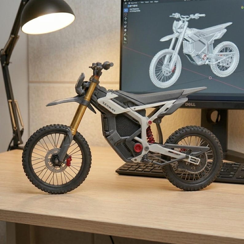 May include: A grey and black Segway dirt bike model with gold suspension forks, red brake calipers, and black tyres. The model is on a wooden surface, with a computer monitor displaying a 3D rendering of a similar bike in the background.