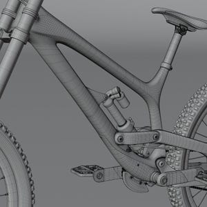 May include: A detailed wireframe rendering of a mountain bike, showcasing its frame, suspension, wheels, and seat. The image highlights the bike's design and components, emphasizing its structure and mechanical features.