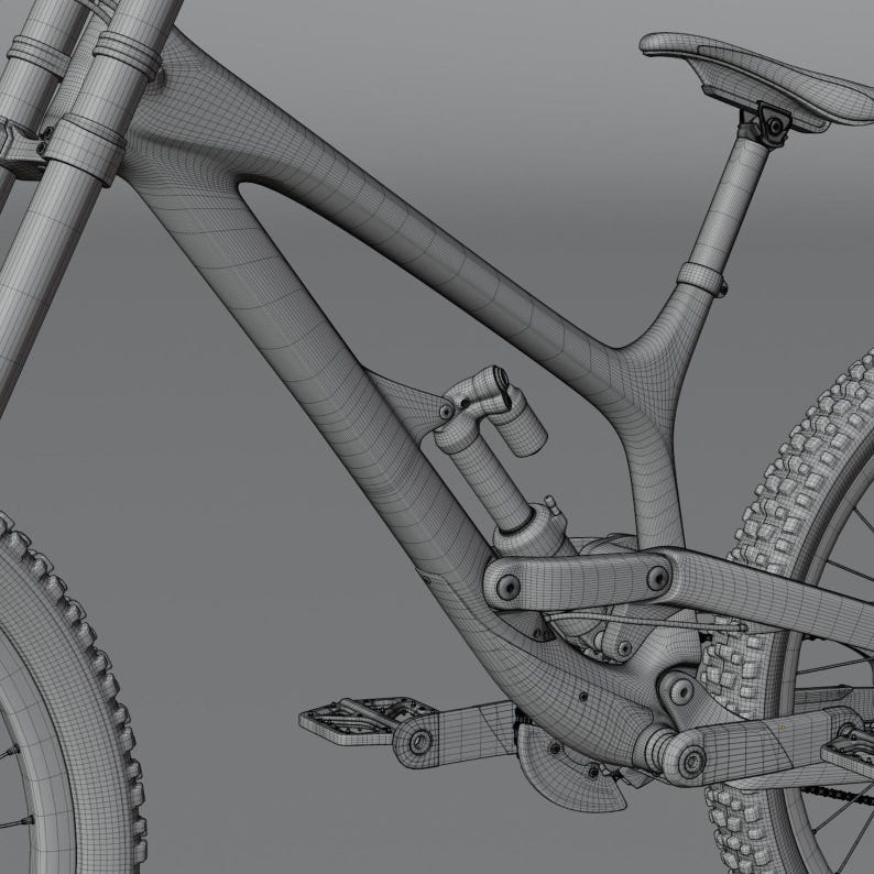 May include: A detailed wireframe rendering of a mountain bike, showcasing its frame, suspension, wheels, and seat. The image highlights the bike's design and components, emphasizing its structure and mechanical features.