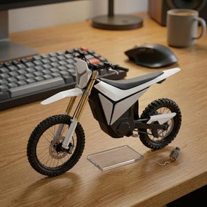 Op de afbeelding: Een wit en zilver model crossmotor met zwarte banden en gouden veervorken. Het model heeft een zwart zadel en wordt op een houten oppervlak weergegeven. Het model heeft het woord "VOLT" op de zijkant.