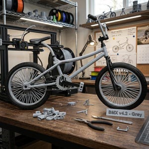 May include: A grey BMX bicycle with black tyres and white spokes is on a wooden table. The bike is partially assembled, with components and tools nearby. The text "BMX v4.2 - Grey" is displayed.