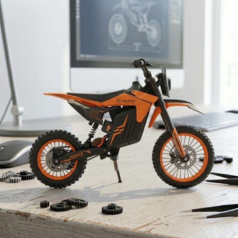 May include: An orange and black toy electric motorcycle with the text "HILLIMIES" and "01" on the side. The motorcycle has a black seat, orange wheels, and a black frame. The motorcycle is on a wooden surface.