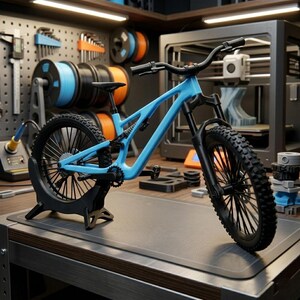 Puede incluir: Modelo de bicicleta de monta&ntilde;a azul claro con neum&aacute;ticos y componentes negros, exhibido en una mesa de trabajo. El fondo presenta herramientas, equipos de impresi&oacute;n 3D y bobinas de filamento, lo que sugiere un entorno de taller.