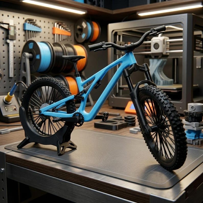 Puede incluir: Modelo de bicicleta de monta&ntilde;a azul claro con neum&aacute;ticos y componentes negros, exhibido en una mesa de trabajo. El fondo presenta herramientas, equipos de impresi&oacute;n 3D y bobinas de filamento, lo que sugiere un entorno de taller.