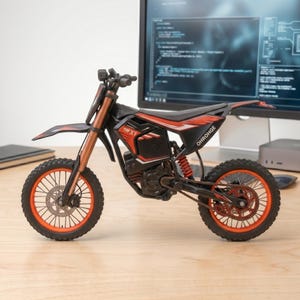 May include: A miniature black and red dirt bike model with orange accents. The model features the text "TH X1" and "OHROHGE". The bike has orange wheels and a black seat. The model is displayed on a wooden surface.