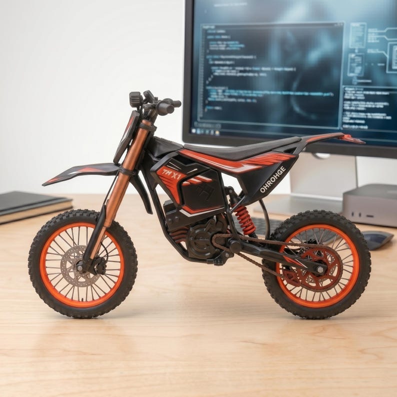 May include: A miniature black and red dirt bike model with orange accents. The model features the text "TH X1" and "OHROHGE". The bike has orange wheels and a black seat. The model is displayed on a wooden surface.