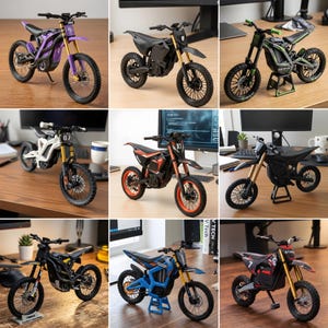 Könnte beinhalten: Eine Sammlung von Miniatur-Elektro-Dirtbikes in verschiedenen Farben, darunter Lila, Schwarz, Grün, Weiß, Rot und Blau. Jedes Modell verfügt über detaillierte Designs, einschließlich Reifen, Federung und Lenker. Die Motorräder werden auf einer Holzoberfläche ausgestellt.