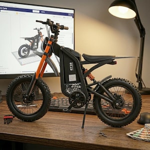 K&ouml;nnte beinhalten: Ein schwarzes und orangefarbenes Elektromotorrad mit dem Text "GT16" an der Seite. Das Motorrad hat einen schwarzen Sitz, Reifen und Rahmen mit orangefarbener Federung und Vorderradgabel. Das Motorrad steht auf einer Holzoberfl&auml;che.