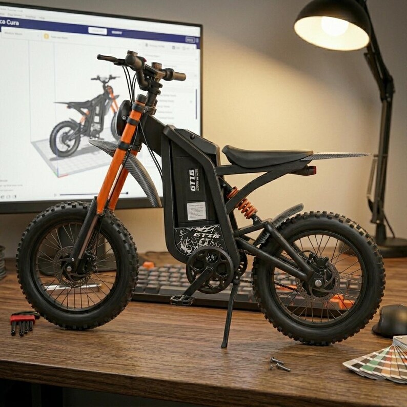 K&ouml;nnte beinhalten: Ein schwarzes und orangefarbenes Elektromotorrad mit dem Text "GT16" an der Seite. Das Motorrad hat einen schwarzen Sitz, Reifen und Rahmen mit orangefarbener Federung und Vorderradgabel. Das Motorrad steht auf einer Holzoberfl&auml;che.