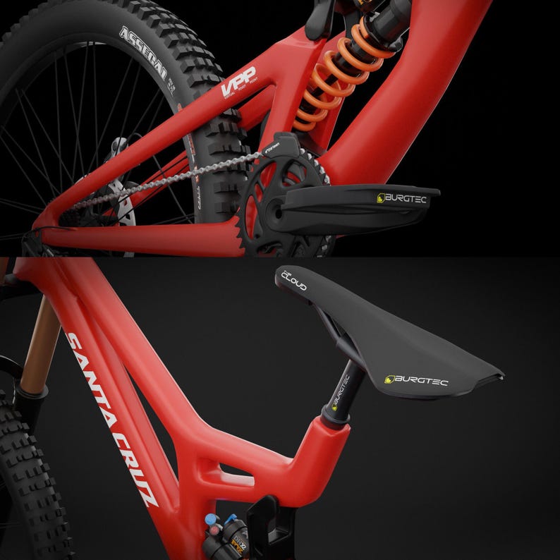 May include: A red mountain bike with black components, including a chain, pedals, and seat. The bike features the brand name "Santa Cruz" in white lettering on the frame. The suspension system includes an orange coil spring.