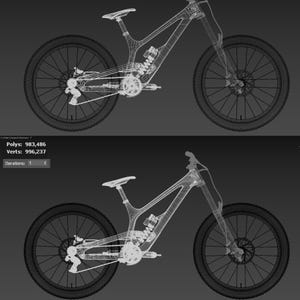 May include: A grayscale image of two mountain bikes, rendered as wireframes. The bikes have large, knobby tires, suspension systems, and complex frame designs. The image includes text indicating the number of polygons and vertices.